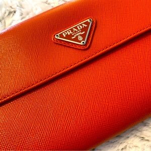 PRADA Logo Plate Saffiano Leather Long Bifold Wallet